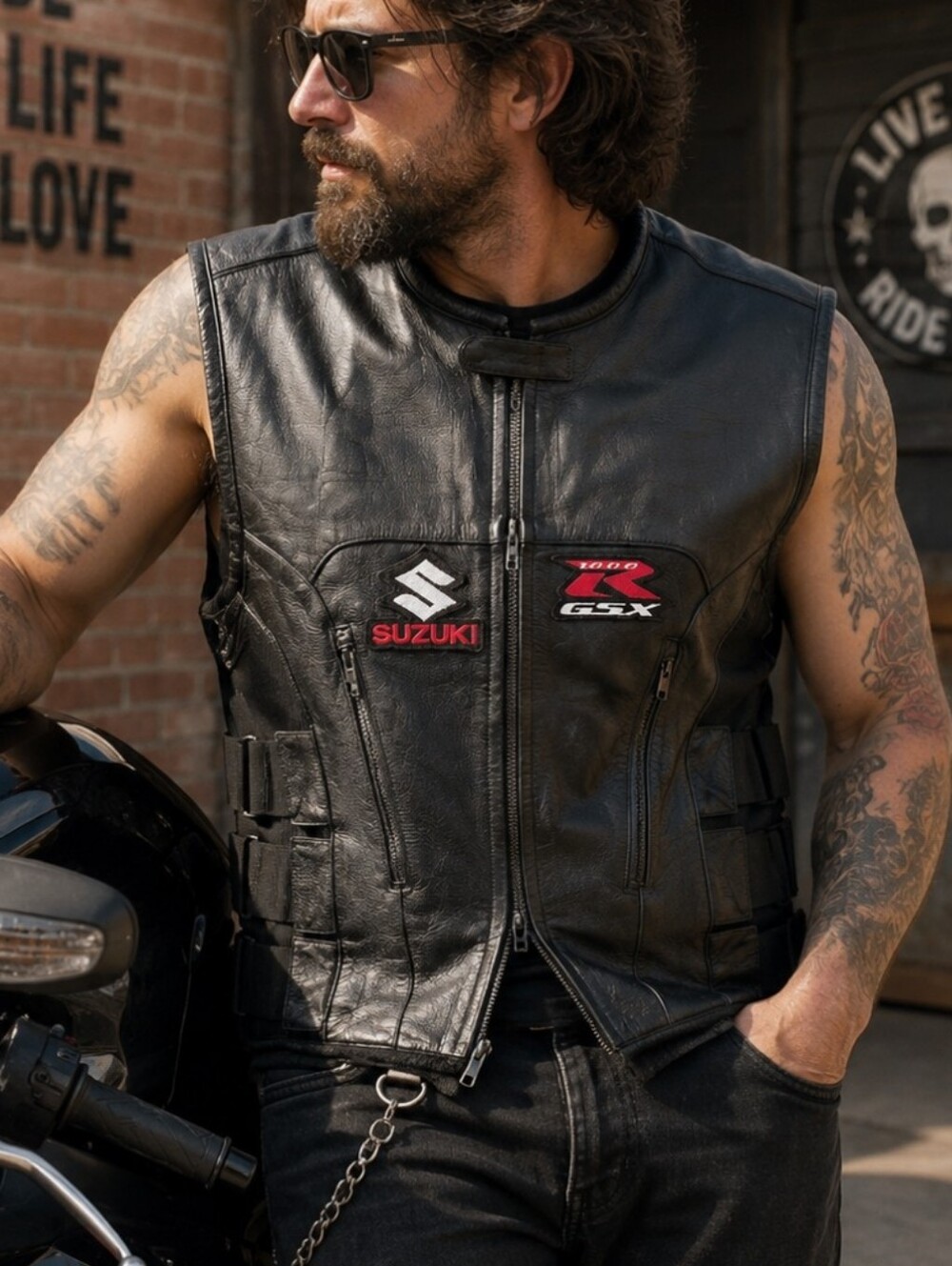 Street & Steel Suzuki GSX-R 1000 Leather Motorcycle Vest Men’s Large Black Biker